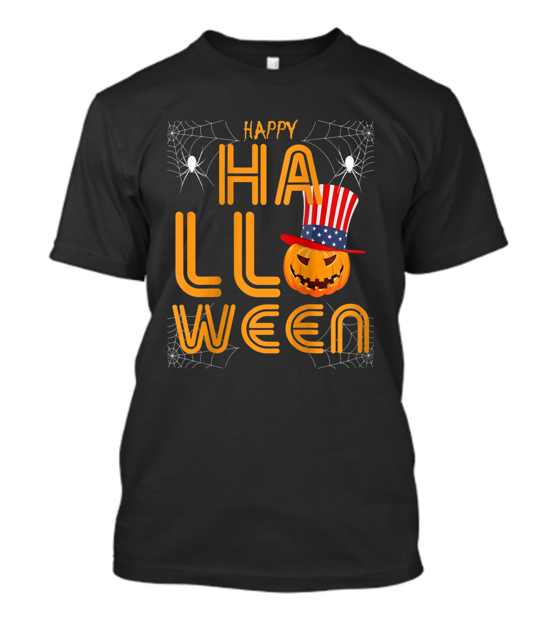 Happy Halloween Funny Orange Pumpkin American Flag Hat With Spider Webs T-Shirt