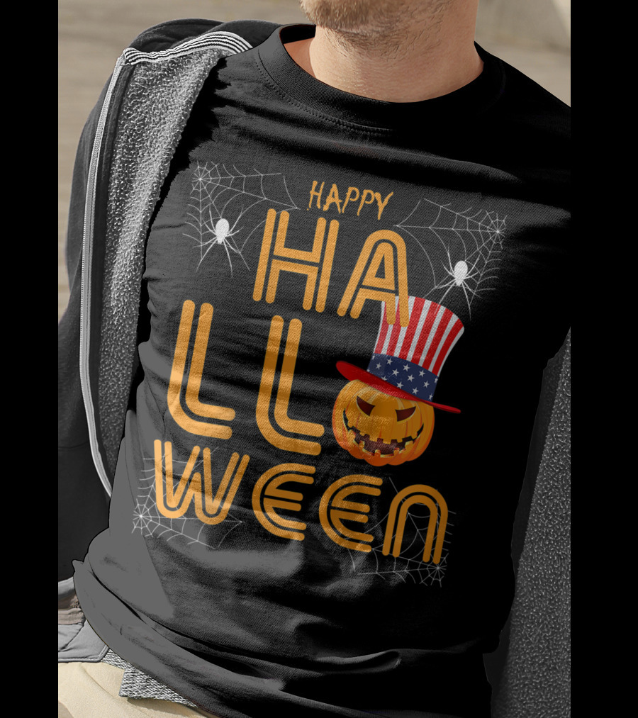 Happy Halloween Funny Orange Pumpkin American Flag Hat With Spider Webs T-Shirt