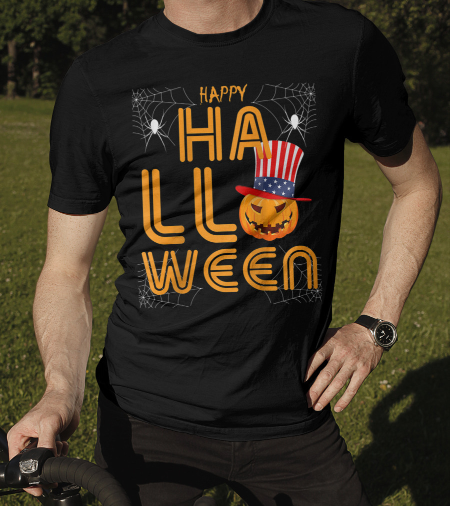 Happy Halloween Funny Orange Pumpkin American Flag Hat With Spider Webs T-Shirt