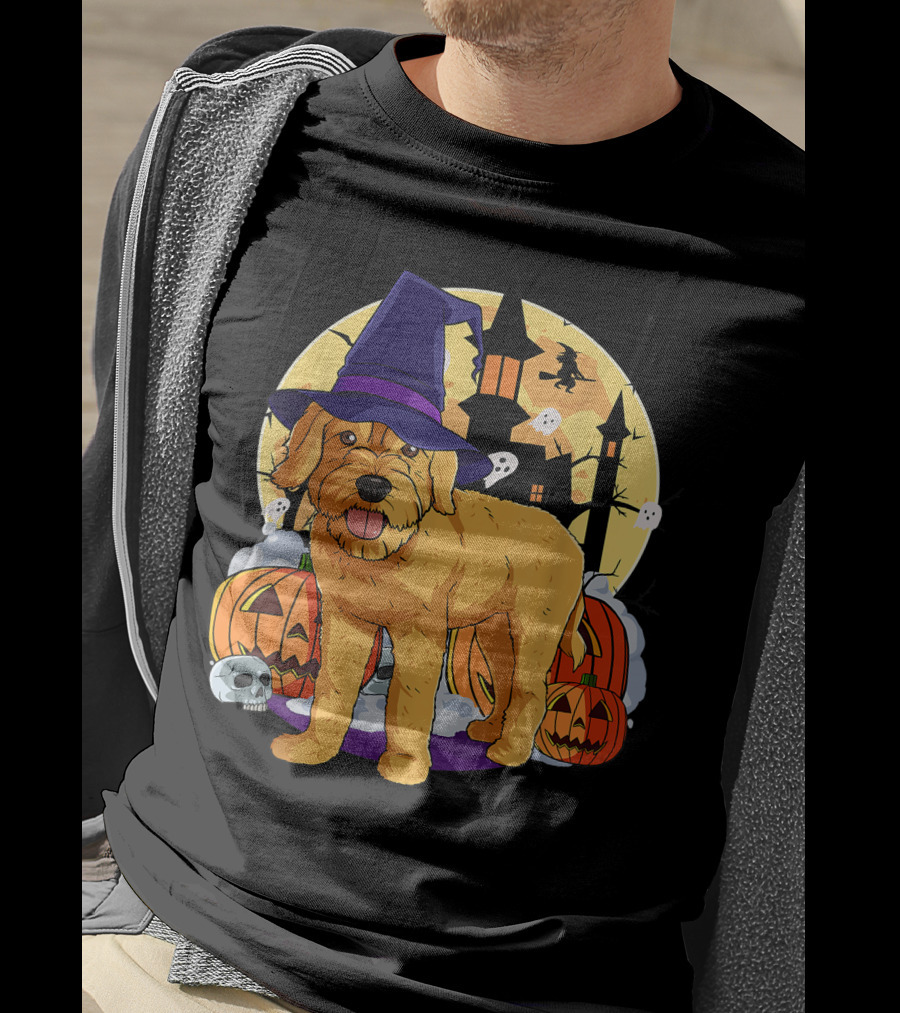 Happy Halloween Goldendoodle Dog Witch Hat Pumpkin Moon Haunted House Ghosts T-Shirt