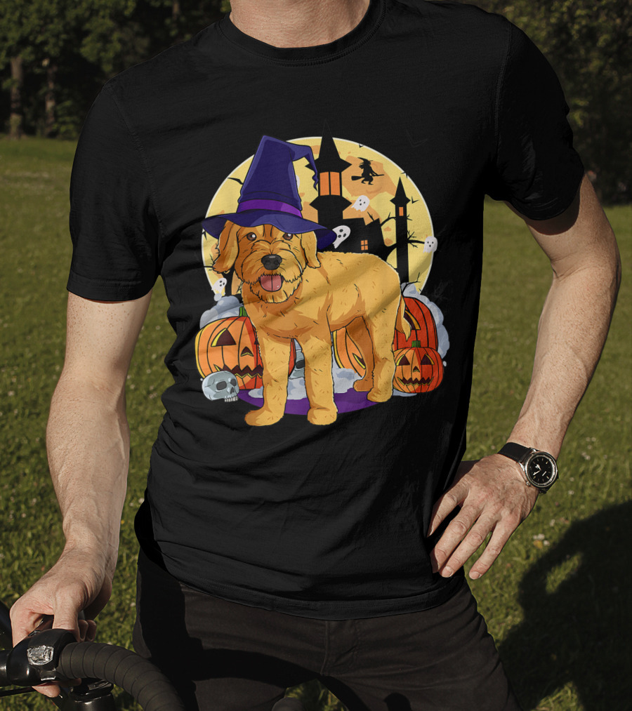 Happy Halloween Goldendoodle Dog Witch Hat Pumpkin Moon Haunted House Ghosts T-Shirt