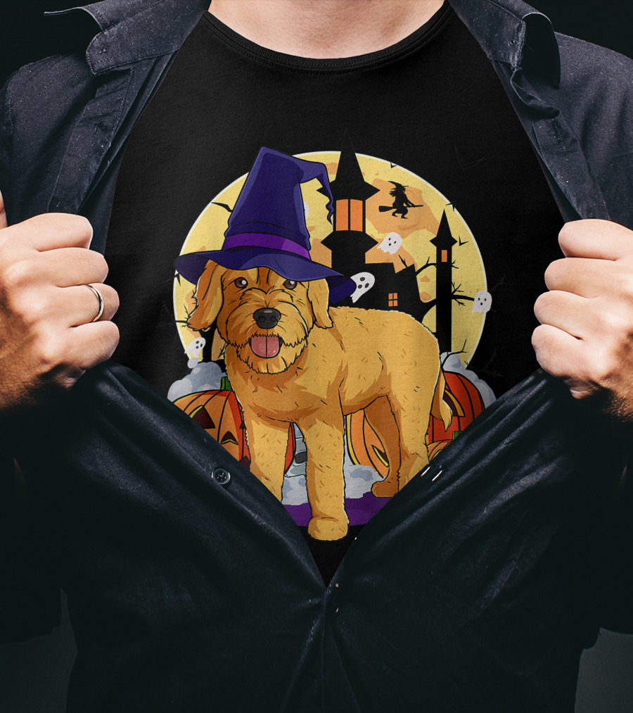 Happy Halloween Goldendoodle Dog Witch Hat Pumpkin Moon Haunted House Ghosts T-Shirt