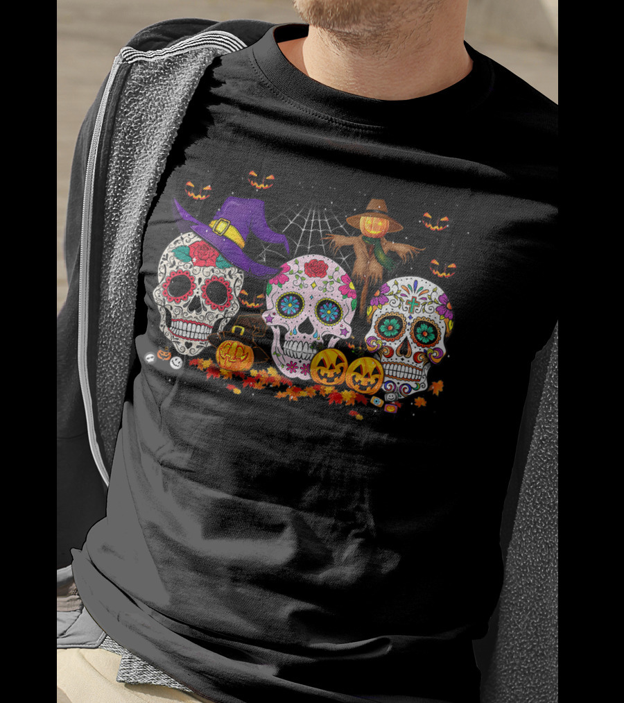 Sugar Skull Funny Halloween Pumpkin Witch Hat Autumn T-Shirt
