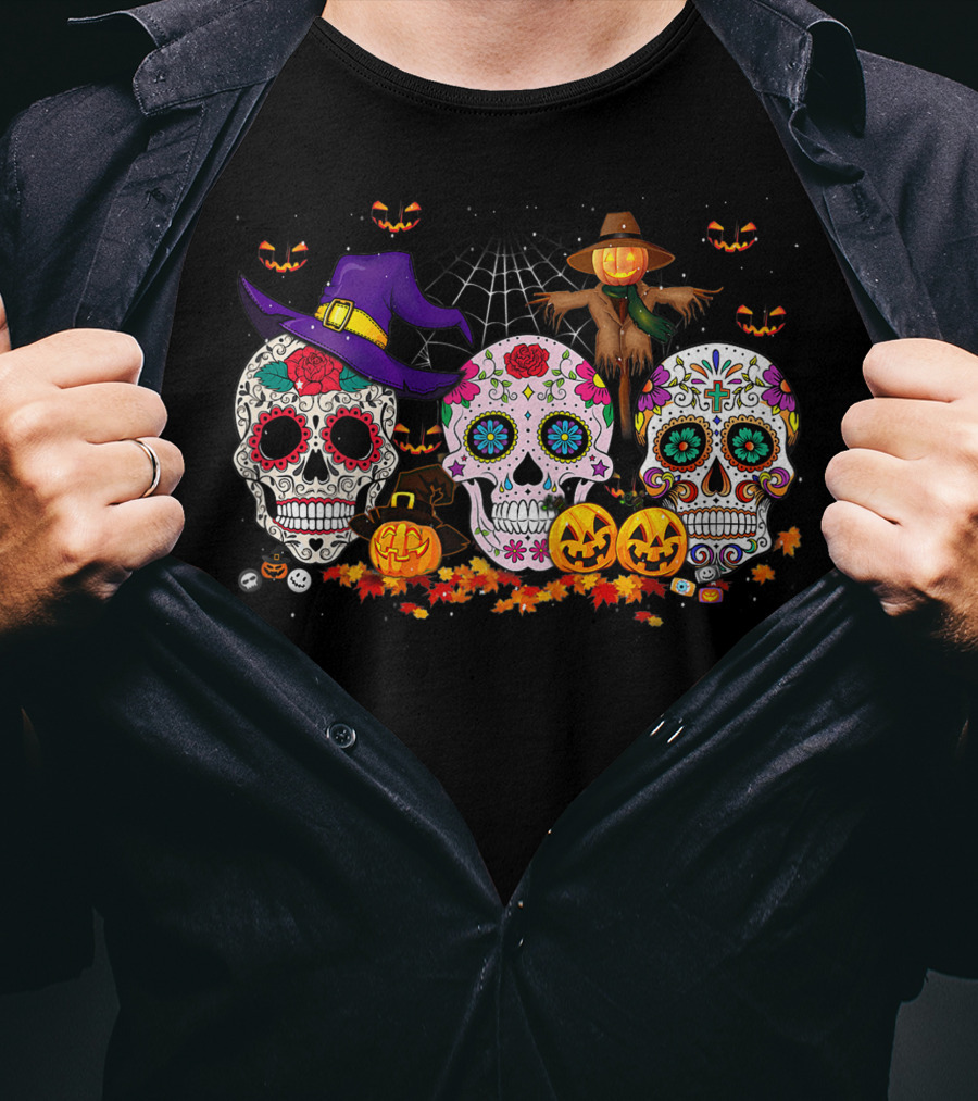 Sugar Skull Funny Halloween Pumpkin Witch Hat Autumn T-Shirt