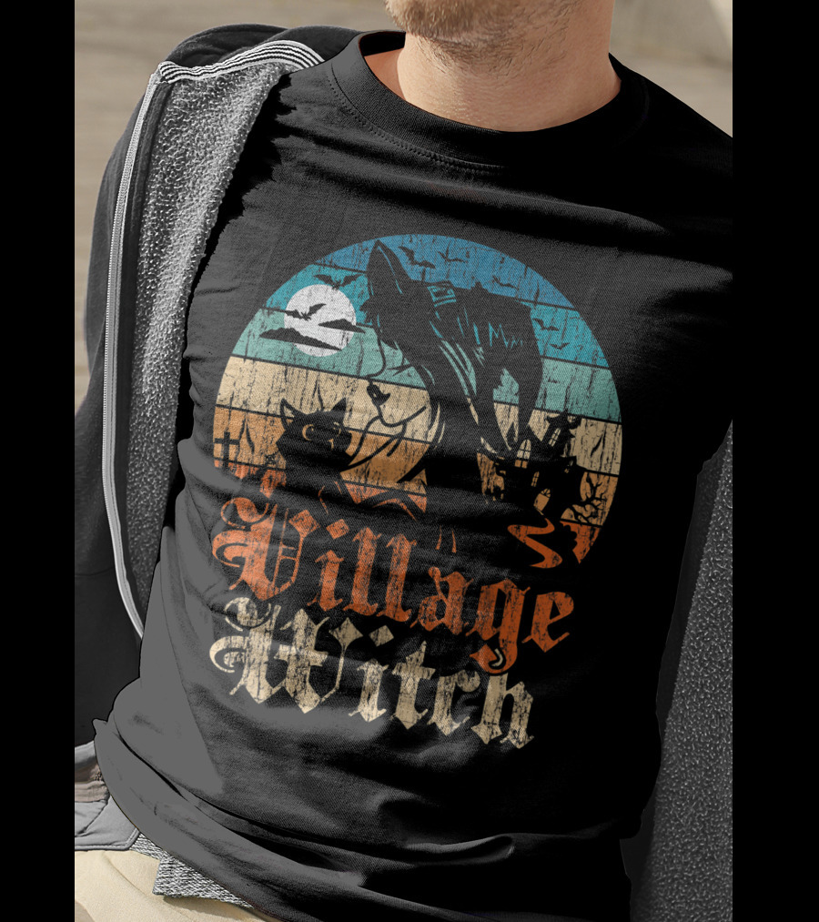 Village Witch Cat Silhouette Moon Sunset T-Shirt