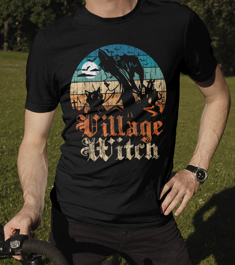 Village Witch Cat Silhouette Moon Sunset T-Shirt