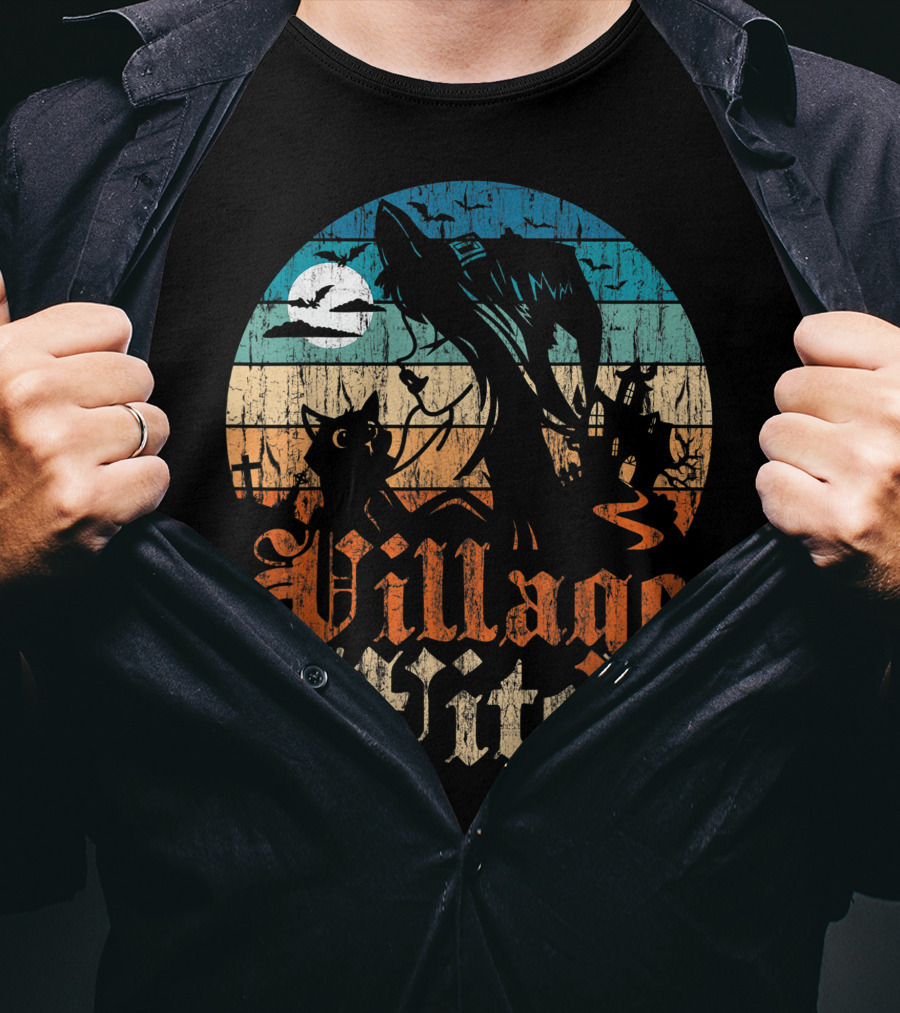 Village Witch Cat Silhouette Moon Sunset T-Shirt