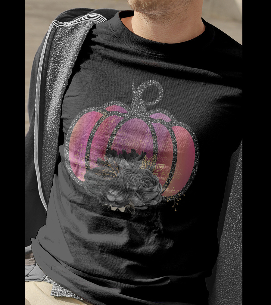 Women Halloween Pumpkin Unique Fall Raglan Baseball With Black Floral Accents T-Shirt