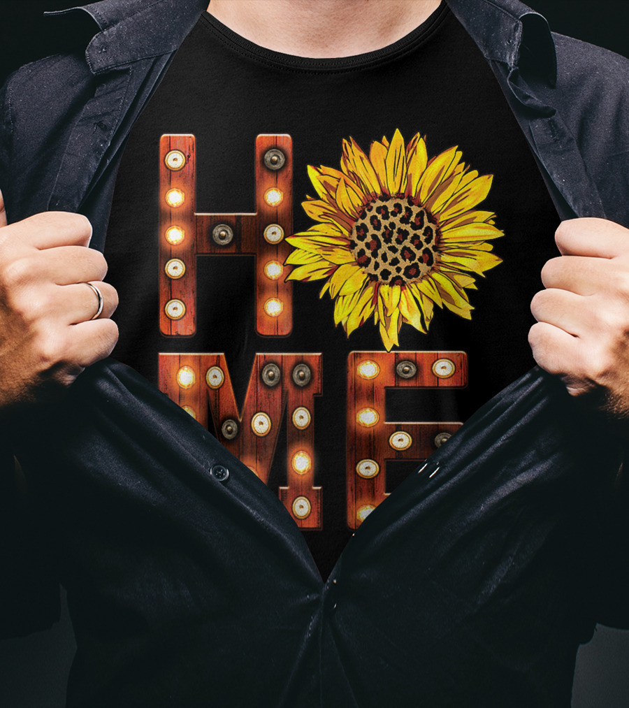 Sunflower Marquee Letters Home Word With Leopard Center Halloween Fall Pumpkins Colorful T-Shirt
