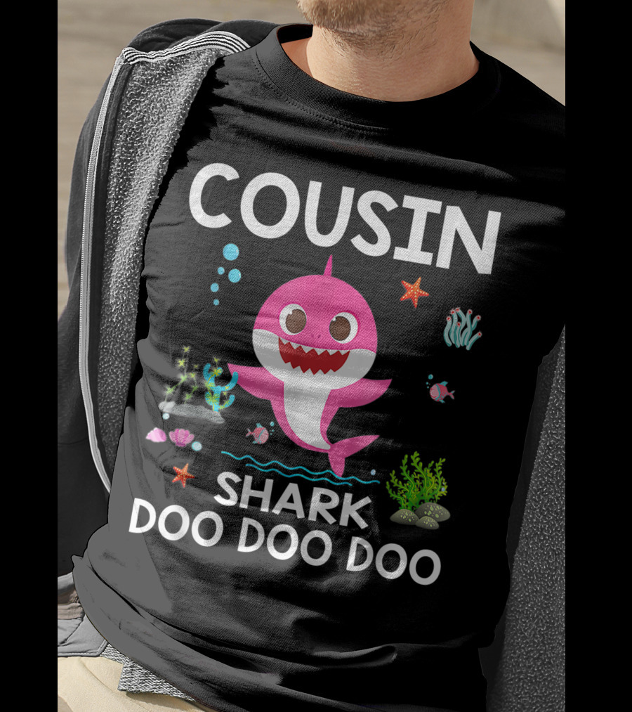 Cousin Shark Doo Doo Doo Funny Cousin Best Birthday With Underwater Sea Creatures And Pink Shark T-Shirt