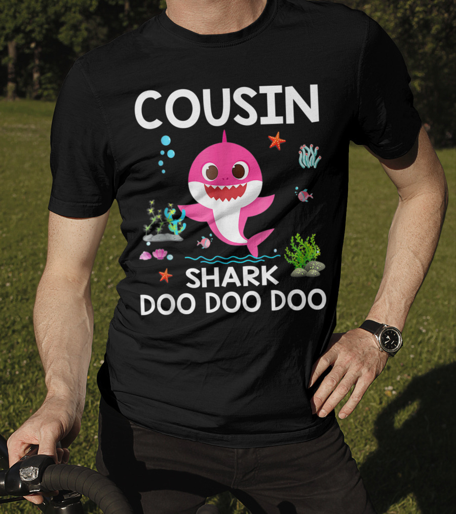 Cousin Shark Doo Doo Doo Funny Cousin Best Birthday With Underwater Sea Creatures And Pink Shark T-Shirt