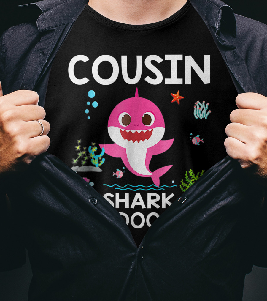 Cousin Shark Doo Doo Doo Funny Cousin Best Birthday With Underwater Sea Creatures And Pink Shark T-Shirt