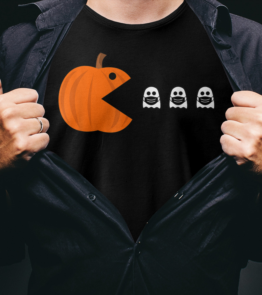 Pac-Man Pumpkin Eating Ghosts Funny Halloween Men's T-Shirt