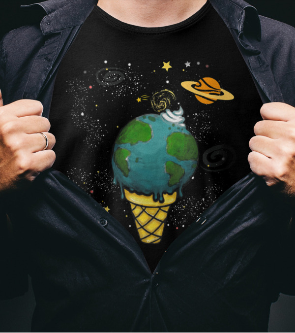 Funny Space Galaxy Earth Saturn Planets In Ice Cream Cone T-Shirt