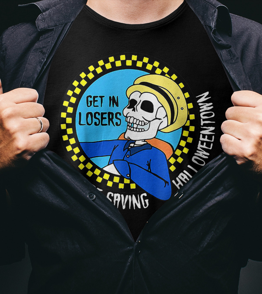 Get In Losers Skull Drive We're Saving Halloween Town Checker Circle Blue Background T-Shirt