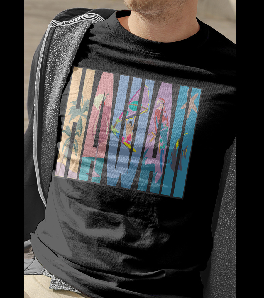 Hawaii Aloha Pearl Island Surf Sand State Floral Fish Tropical Parrot And Starfish T-Shirt