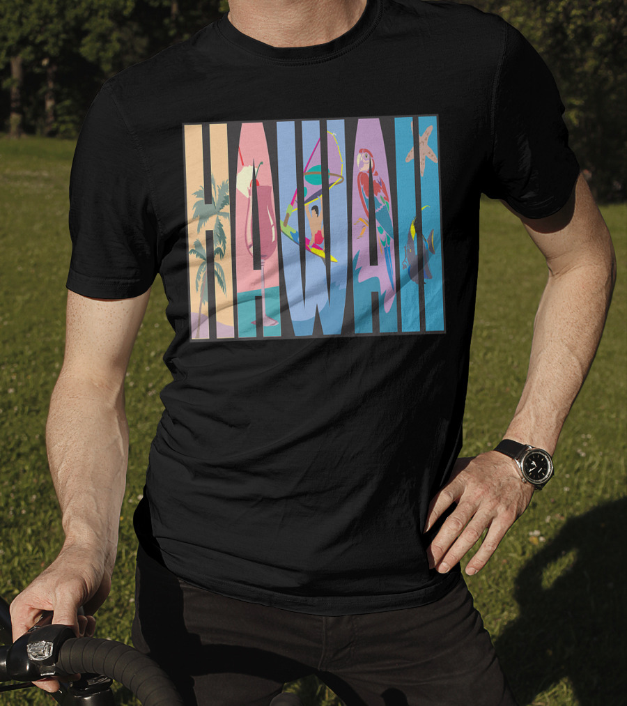 Hawaii Aloha Pearl Island Surf Sand State Floral Fish Tropical Parrot And Starfish T-Shirt