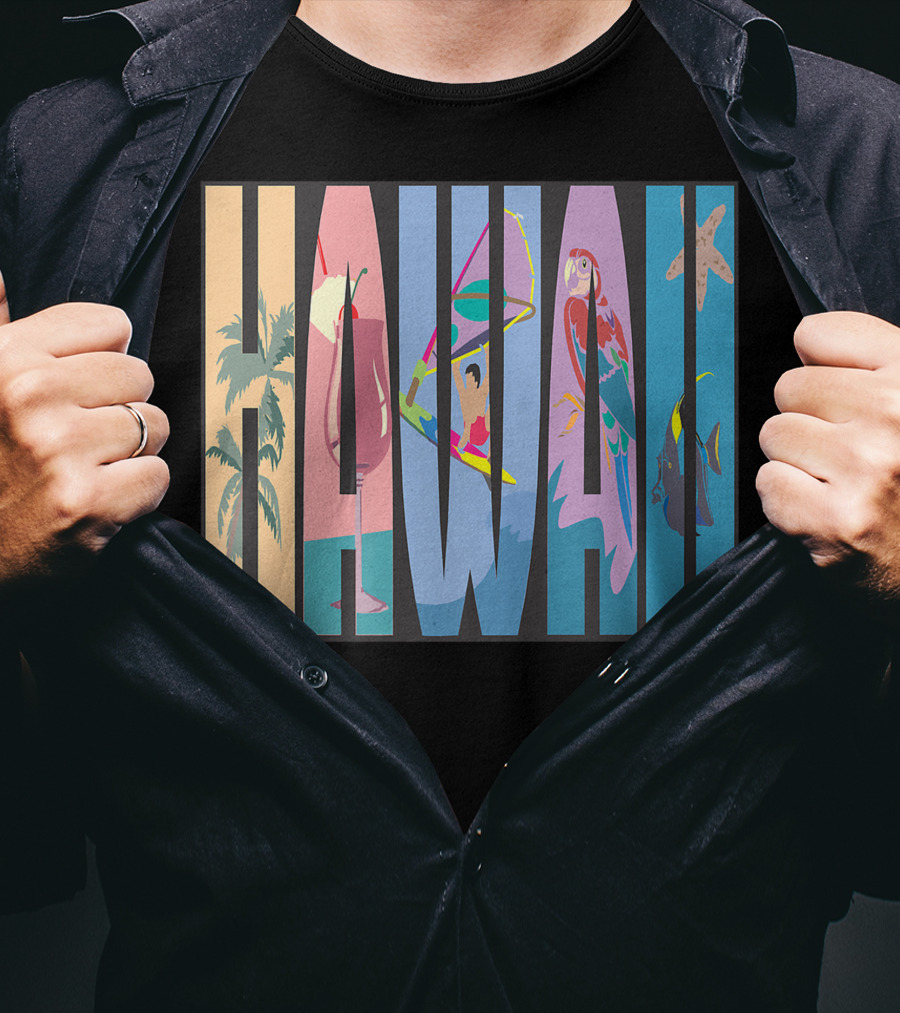 Hawaii Aloha Pearl Island Surf Sand State Floral Fish Tropical Parrot And Starfish T-Shirt