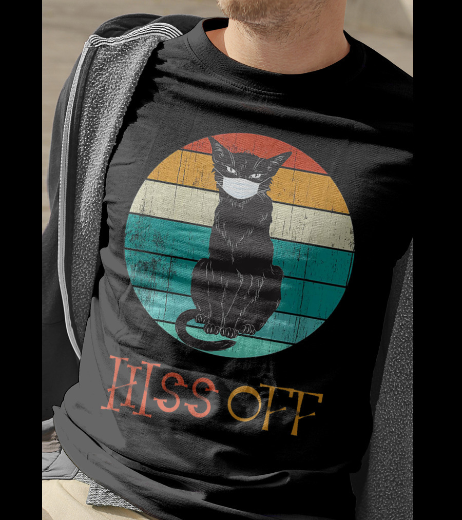 Hiss Off Black Kitty With Mask And Retro Stripes T-Shirt