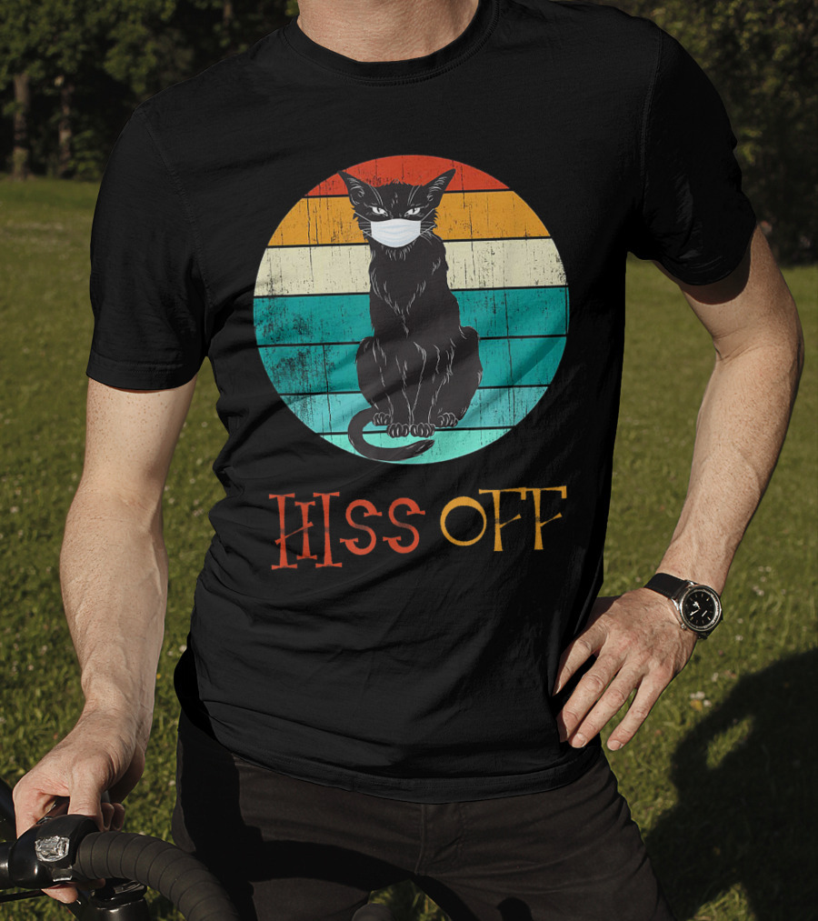Hiss Off Black Kitty With Mask And Retro Stripes T-Shirt