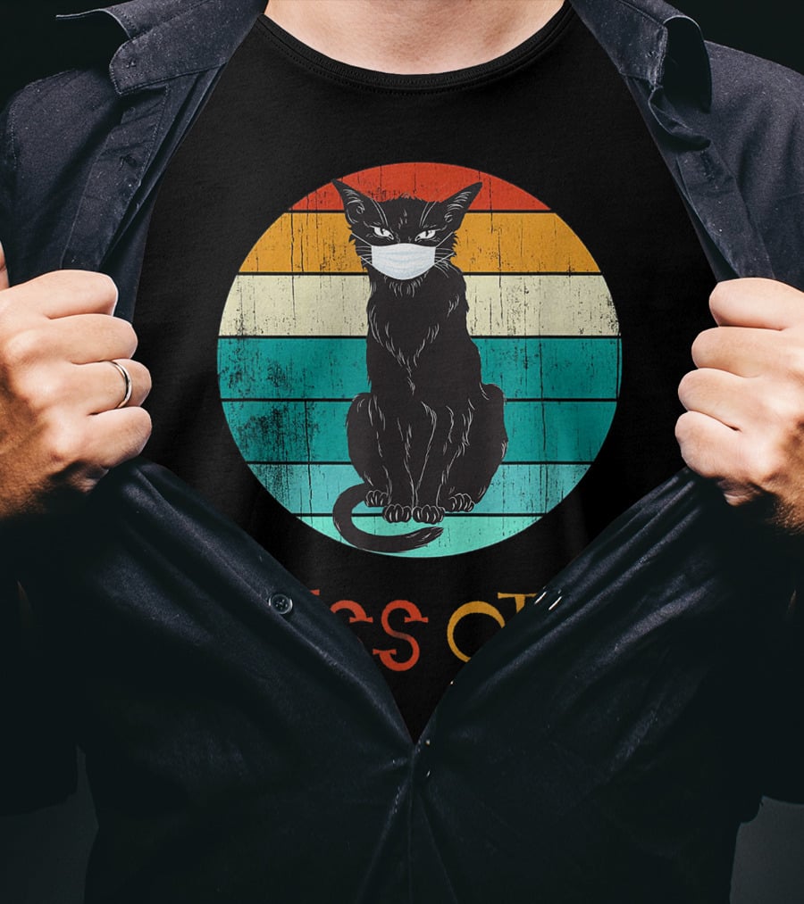 Hiss Off Black Kitty With Mask And Retro Stripes T-Shirt