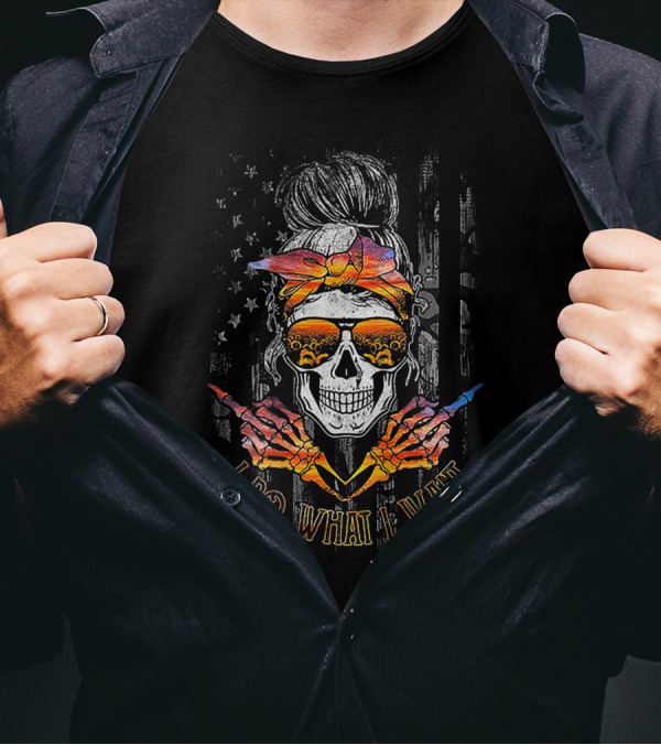 I Do What I Want Skull With Bandana And Sunglasses Against American Flag With Sunset Beach Reflections T-Shirt