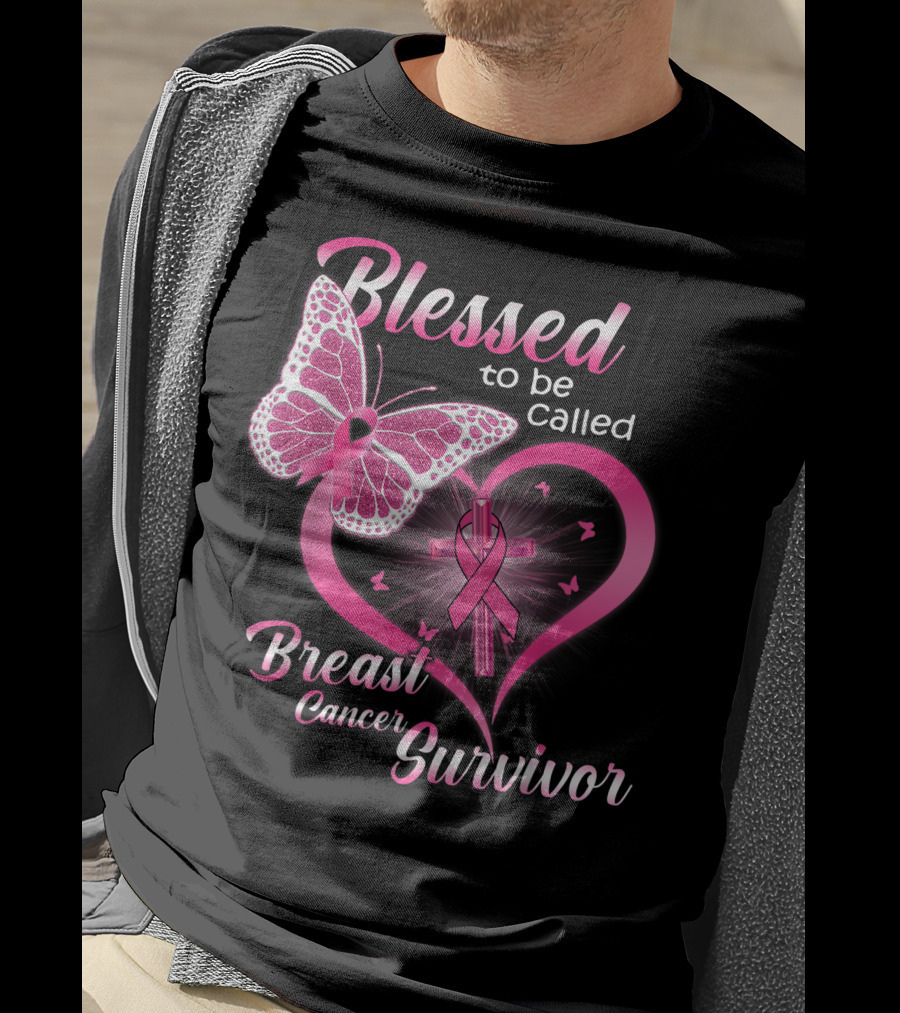 Blessed To Be Called Breast Cancer Survivor Pink Butterfly And Ribbon Heart T-Shirt