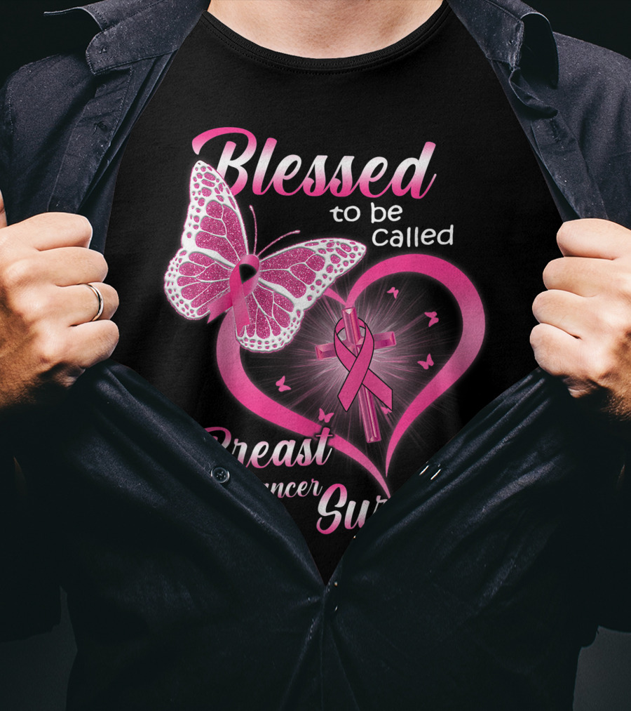 Blessed To Be Called Breast Cancer Survivor Pink Butterfly And Ribbon Heart T-Shirt