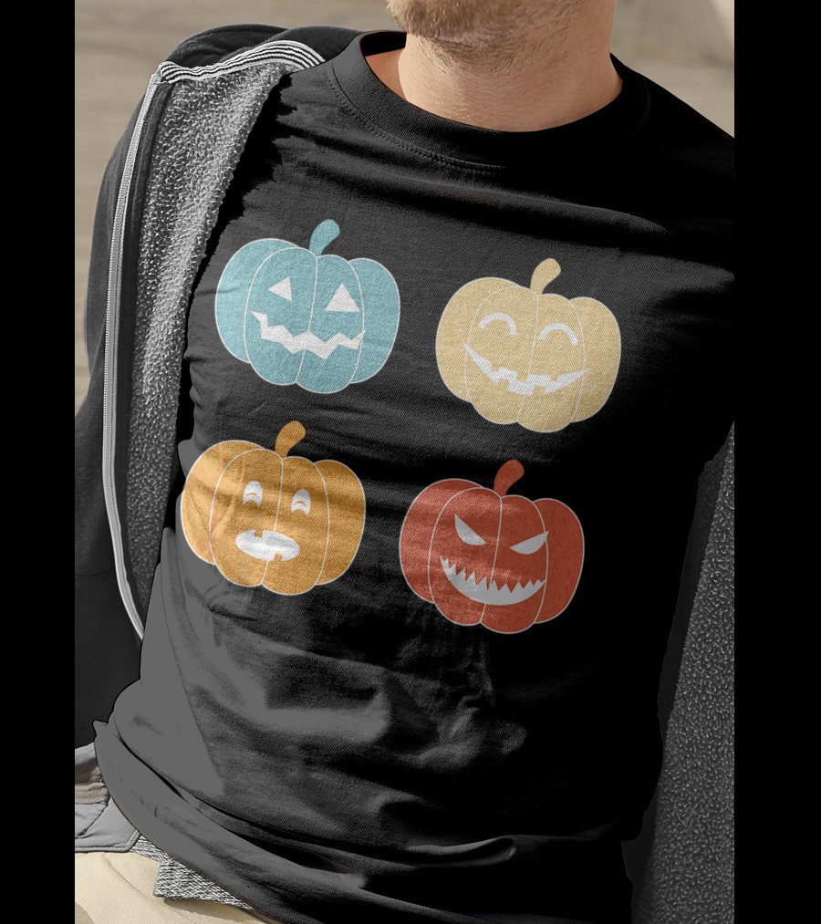 Vintage Halloween Colorful Pumpkin Faces T-Shirt