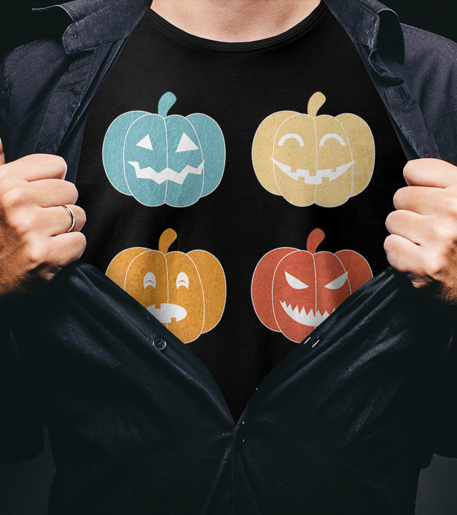 Vintage Halloween Colorful Pumpkin Faces T-Shirt