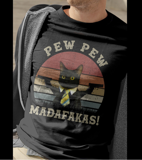 Pew Pew Madafakas Cat With Guns And Tie T-Shirt