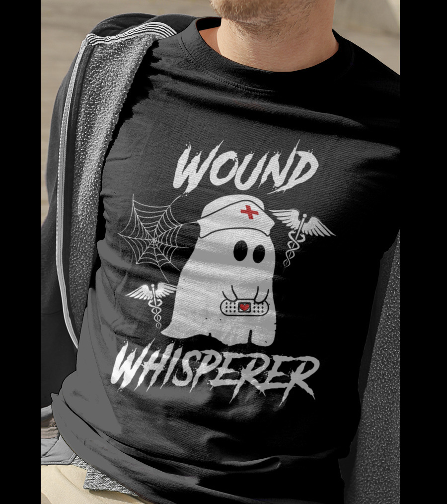 Wound Whisperer Nurse Ghost With Caduceus And Spider Web T-Shirt