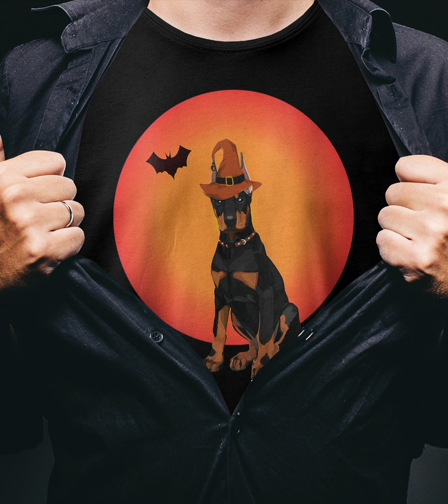Women Doberman Dog Halloween Witch Hat Puppy And Animal Lovers T-Shirt