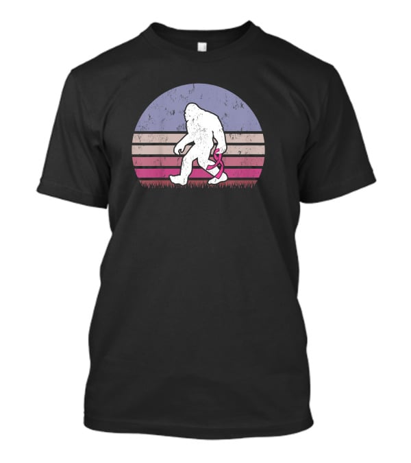 Vintage Bigfoot Breast Cancer Awareness Pink Ribbon Retro Stripes T-Shirt