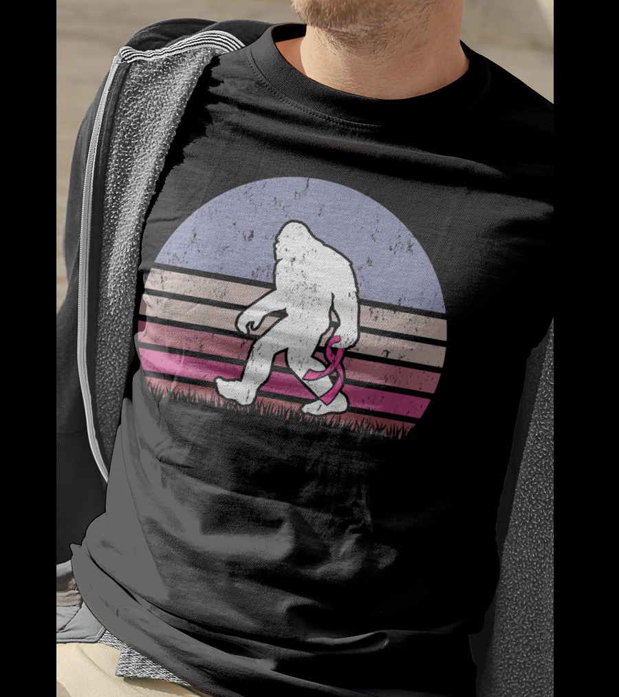 Vintage Bigfoot Breast Cancer Awareness Pink Ribbon Retro Stripes T-Shirt