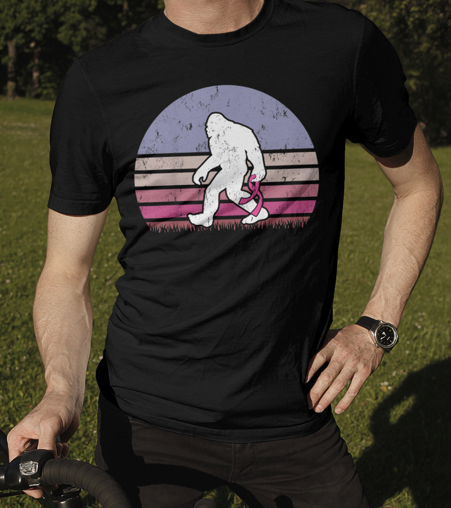 Vintage Bigfoot Breast Cancer Awareness Pink Ribbon Retro Stripes T-Shirt