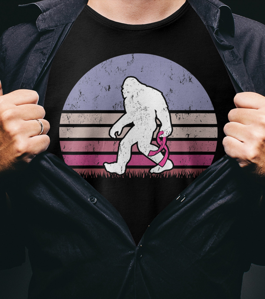 Vintage Bigfoot Breast Cancer Awareness Pink Ribbon Retro Stripes T-Shirt