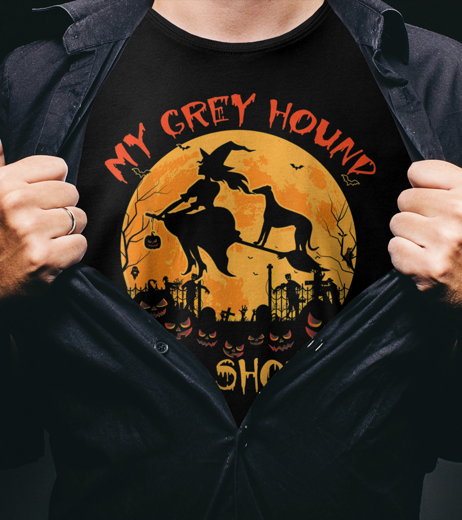 My Greyhound Rides Shotgun Witch Halloween Moon Pumpkins T-Shirt