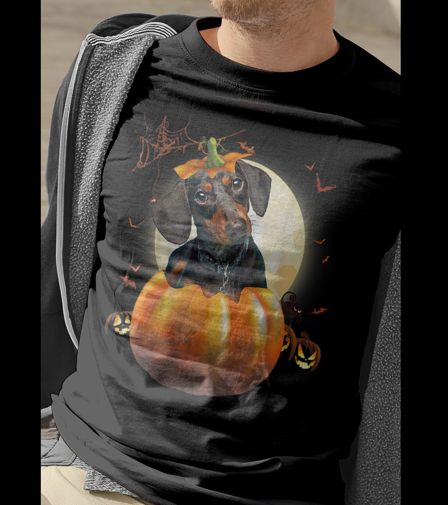 Halloween Funny Dachshund Pumpkin Moon Bats Spiderweb T-Shirt