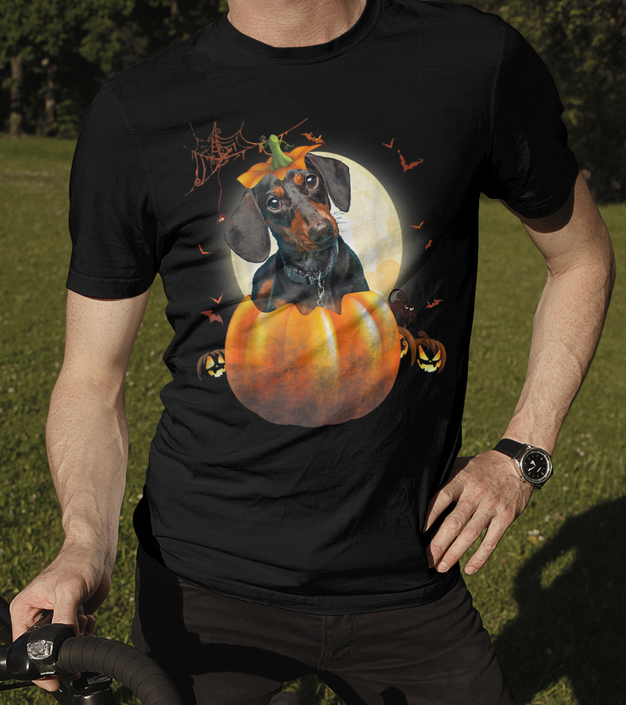 Halloween Funny Dachshund Pumpkin Moon Bats Spiderweb T-Shirt