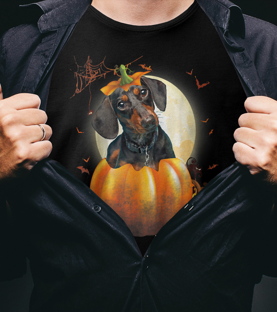 Halloween Funny Dachshund Pumpkin Moon Bats Spiderweb T-Shirt