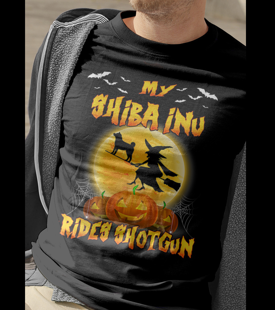 My Shiba Inu Rides Shotgun Halloween Moon Witch Pumpkins T-Shirt
