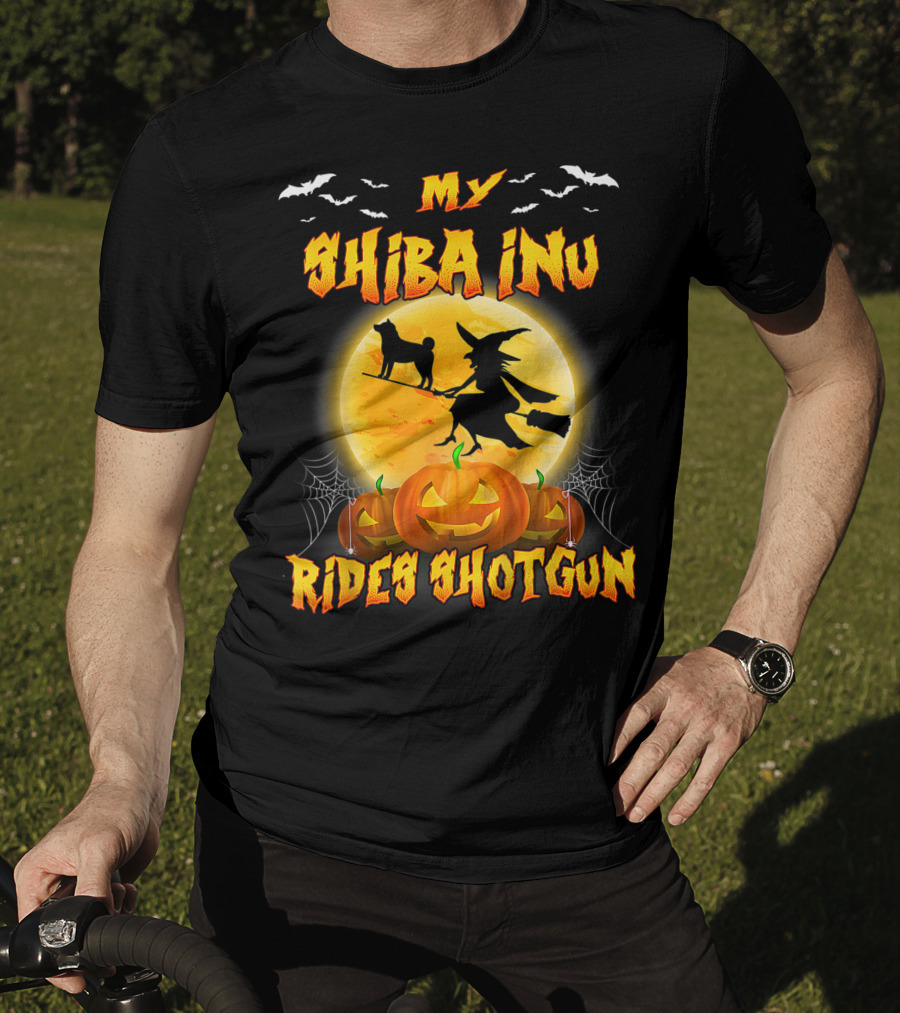 My Shiba Inu Rides Shotgun Halloween Moon Witch Pumpkins T-Shirt
