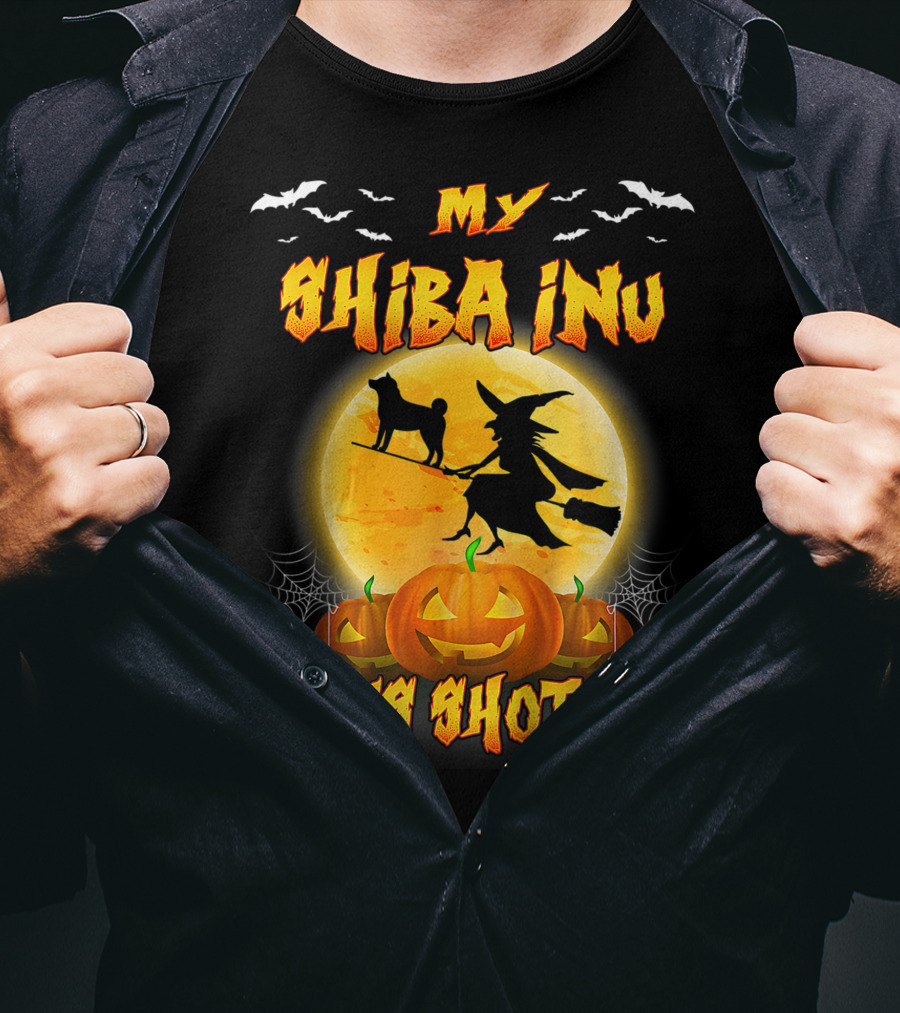 My Shiba Inu Rides Shotgun Halloween Moon Witch Pumpkins T-Shirt