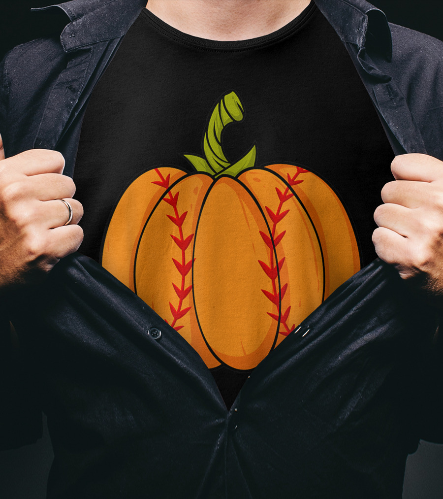Thanksgiving Baseball Halloween Pumpkin Boys Pitcher Catcher Colorful Stitched T-Shirt