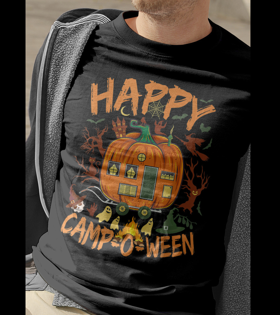 Happy Camp O Ween Halloween Camping Camper With Pumpkin, Ghosts, And Witch Hat T-Shirt