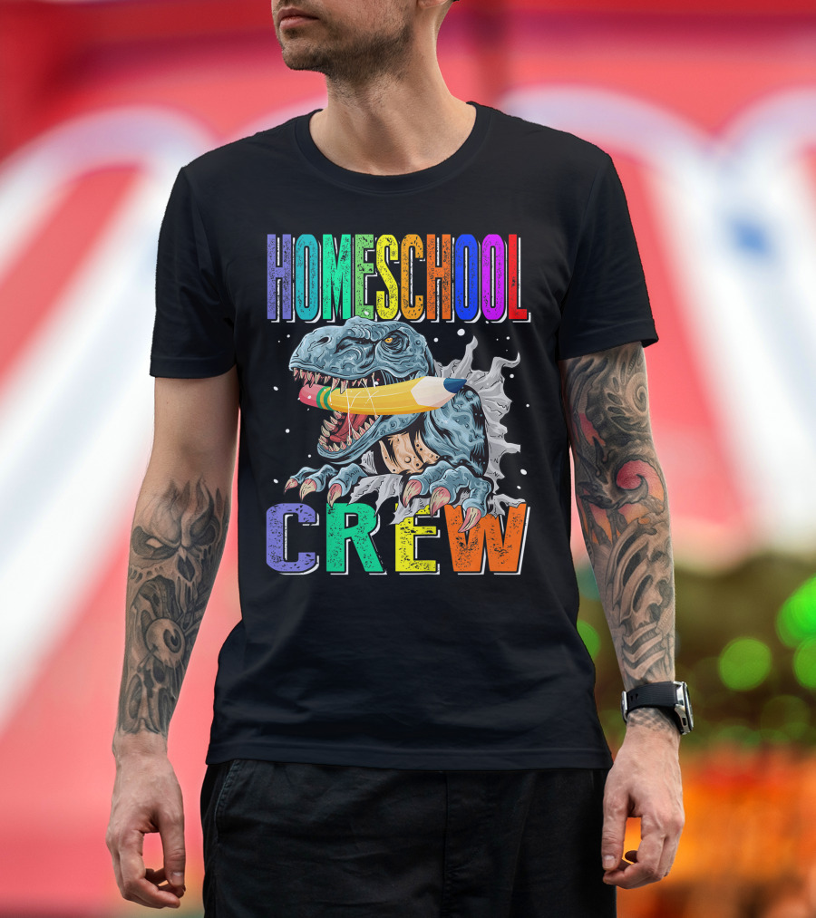 Homeschool Crew Dinosaur Funny Back To School Rainbow Colorful Pencil T-Rex T-Shirt