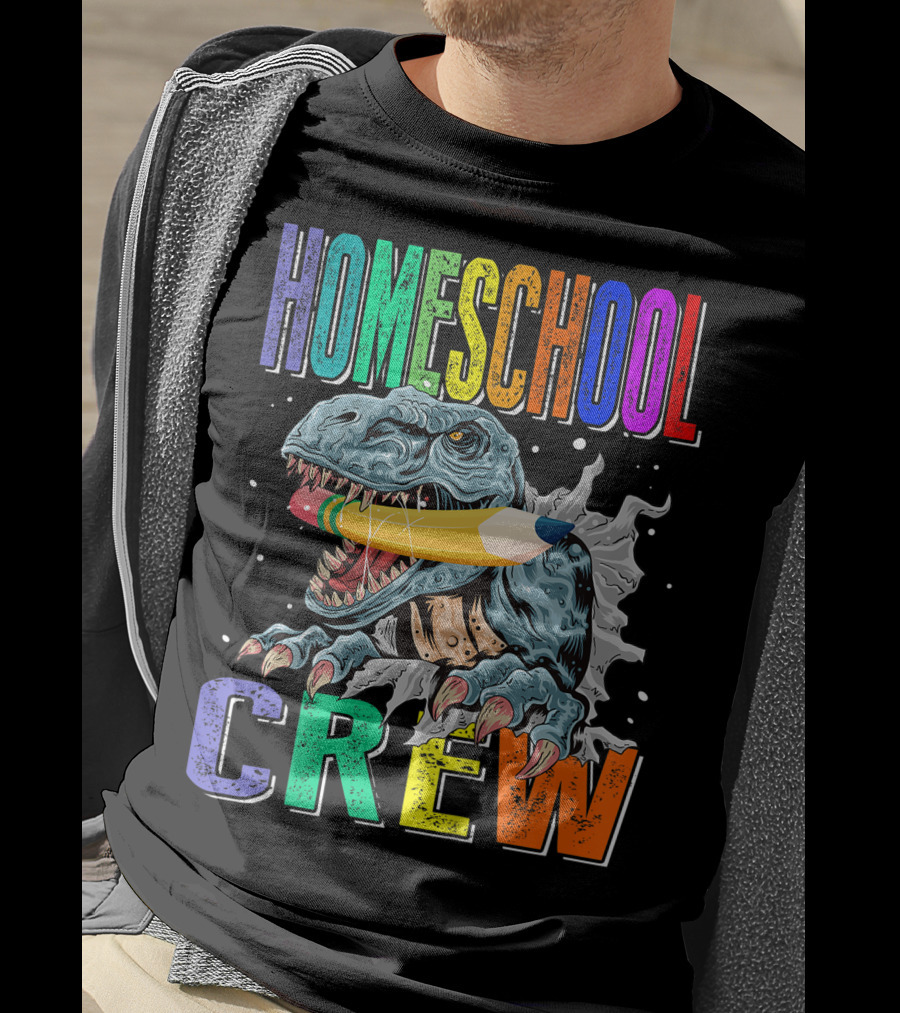 Homeschool Crew Dinosaur Funny Back To School Rainbow Colorful Pencil T-Rex T-Shirt
