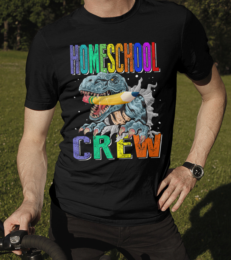 Homeschool Crew Dinosaur Funny Back To School Rainbow Colorful Pencil T-Rex T-Shirt