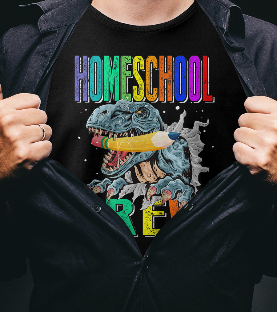 Homeschool Crew Dinosaur Funny Back To School Rainbow Colorful Pencil T-Rex T-Shirt